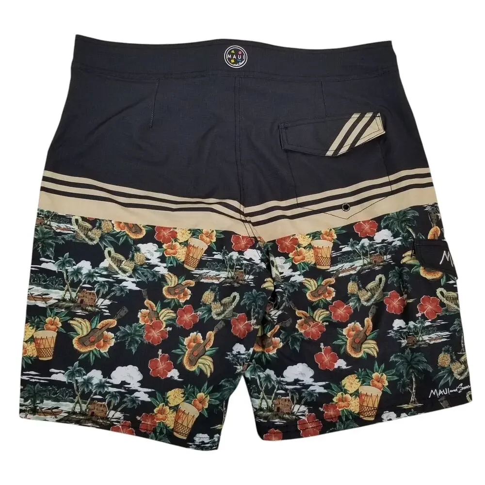 Maui & Son's Men's Swim Trunks Board Shorts Ukelele Shark 4 Way Stretch Black 32